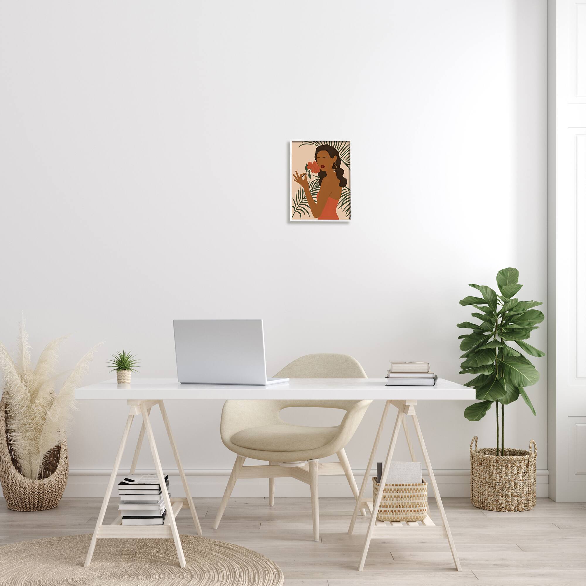 Stupell Industries Woman With Red Floral over Green Palm Leaves in White Frame Wall Art